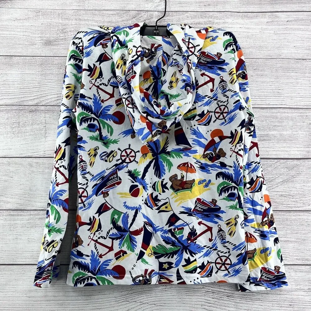 Polo Ralph Lauren Polo Shirt Bear Tropical Island Hoodie‎ Long Sleeve Sz M 10-12 - Picture 2 of 8